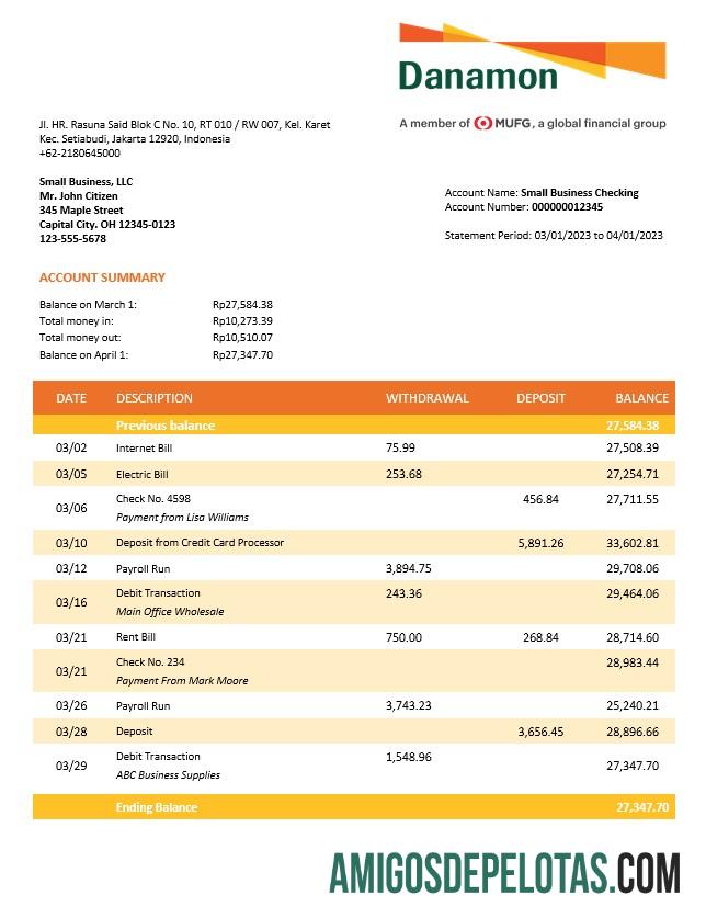 Realista Bank Danamon Enterprise modelo de extrato de conta Word e PDF